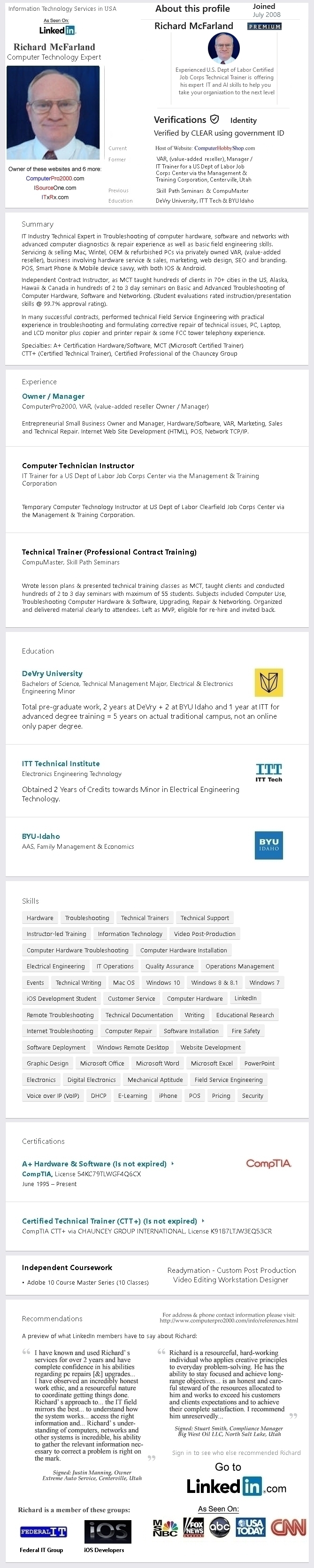 Get expert modern technology help from IT Computer Authority Richard A. McFarland. Richard uses current tech and the best equipment to solve complex technical issues.